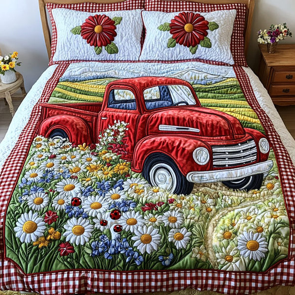 Rustic Ride quilted 3-piece bedding set on a made bed in a farmhouse bedroom