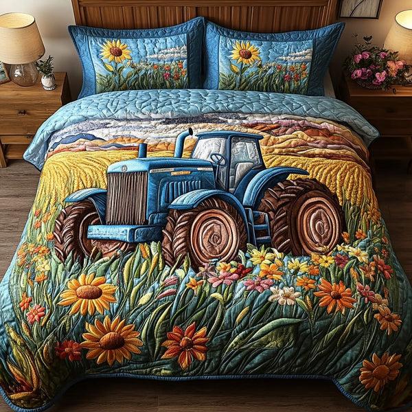Rustic Ride quilted 3-piece bedding set on a made bed in a farmhouse bedroom