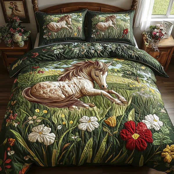 Rustic Rider quilted 3-piece bedding set on a made bed in a farmhouse bedroom