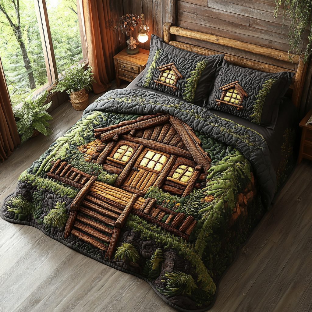 Rustic Ridge quilted 3-piece bedding set on a made bed in a farmhouse bedroom