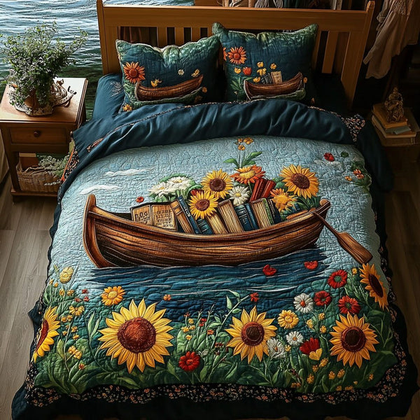 Rustic River Blooms quilted 3-piece bedding set on a made bed in a farmhouse bedroom