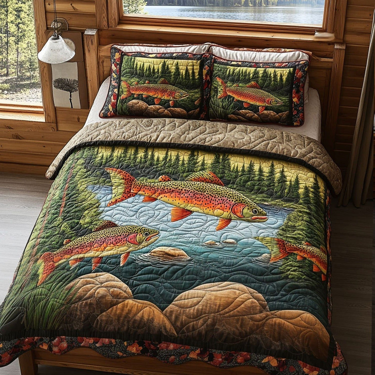 Rustic River Dreams quilted 3-piece bedding set on a made bed in a farmhouse bedroom