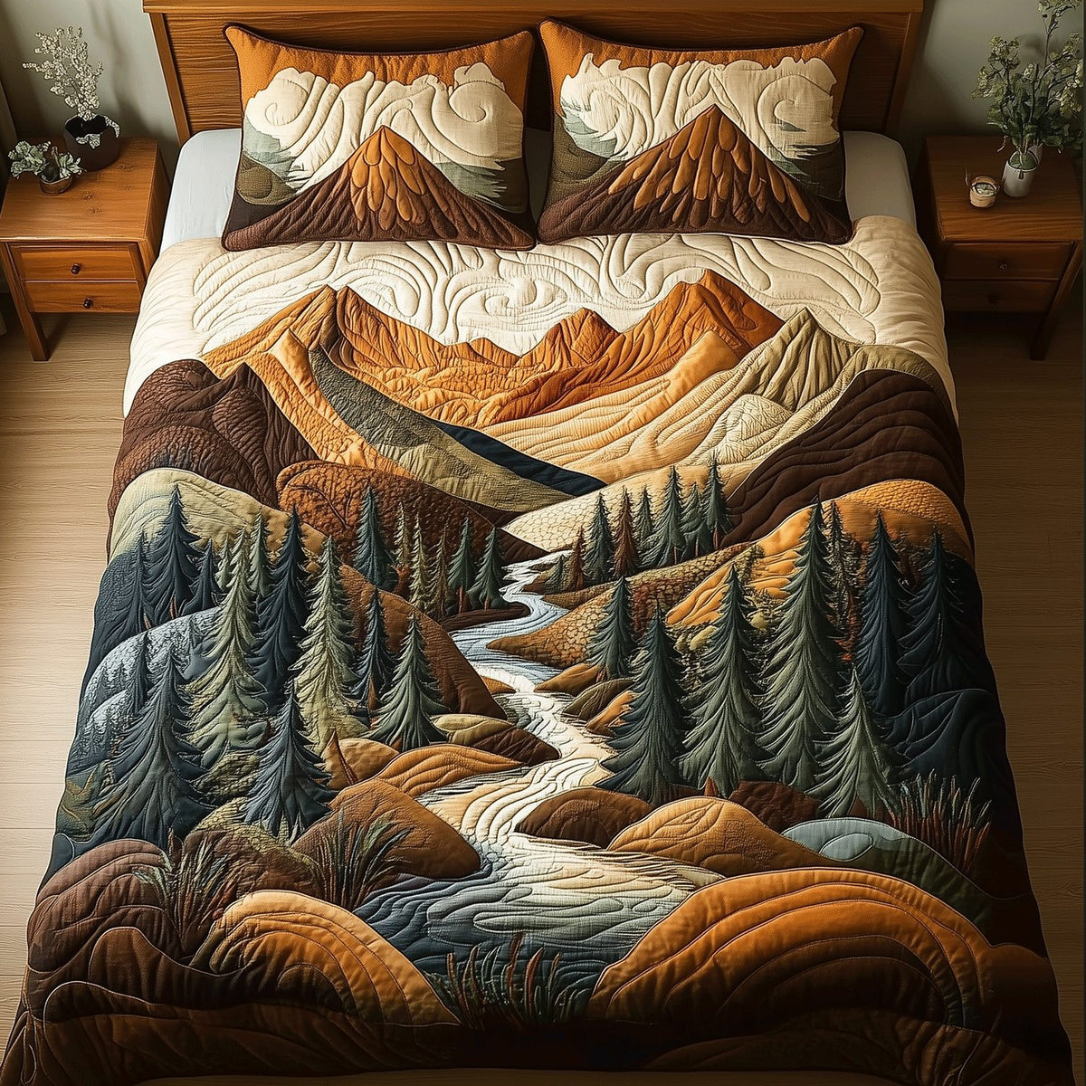 Rustic River Flow quilted 3-piece bedding set on a made bed in a farmhouse bedroom