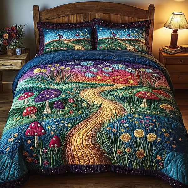 Rustic Road quilted 3-piece bedding set on a made bed in a farmhouse bedroom