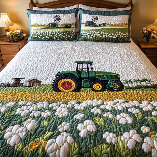 Rustic Roads quilted 3-piece bedding set on a made bed in a farmhouse bedroom