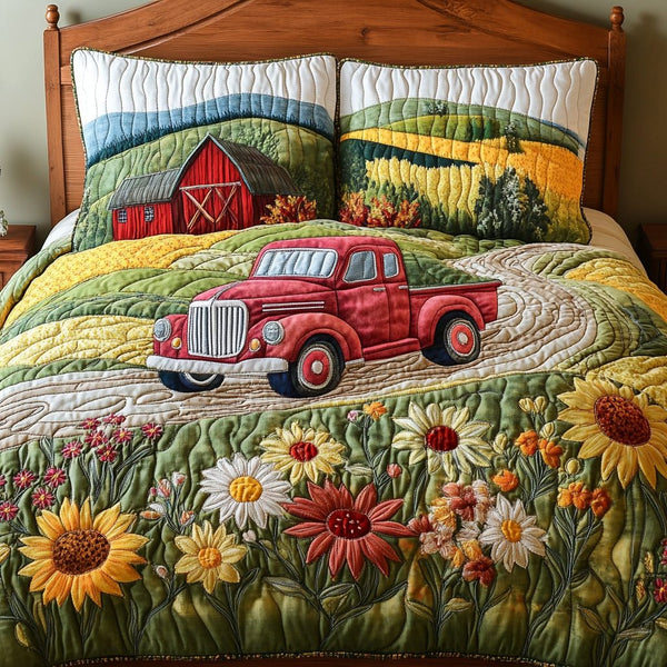 Rustic Roads quilted 3-piece bedding set on a made bed in a farmhouse bedroom