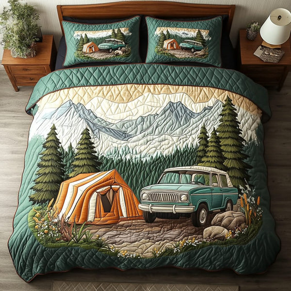 Rustic Roam quilted 3-piece bedding set on a made bed in a farmhouse bedroom