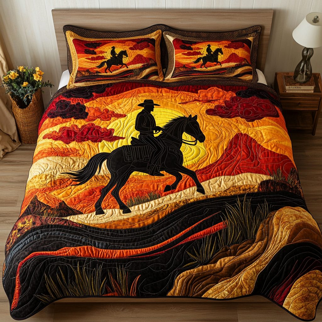 Rustic Rodeo quilted 3-piece bedding set on a made bed in a rustic timber bedroom