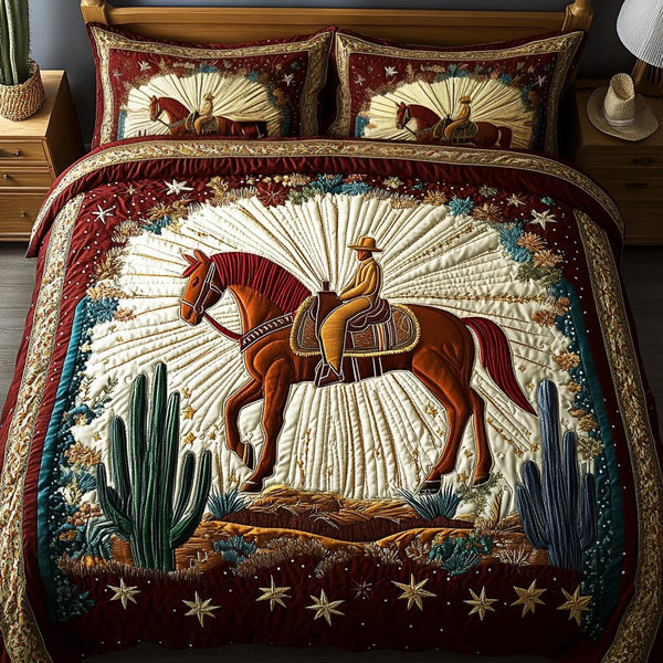 Rustic Rodeo quilted 3-piece bedding set on a made bed in a rustic timber bedroom