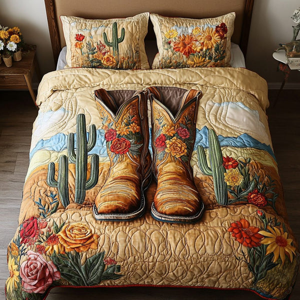 Rustic Rodeo quilted 3-piece bedding set on a made bed in a rustic timber bedroom