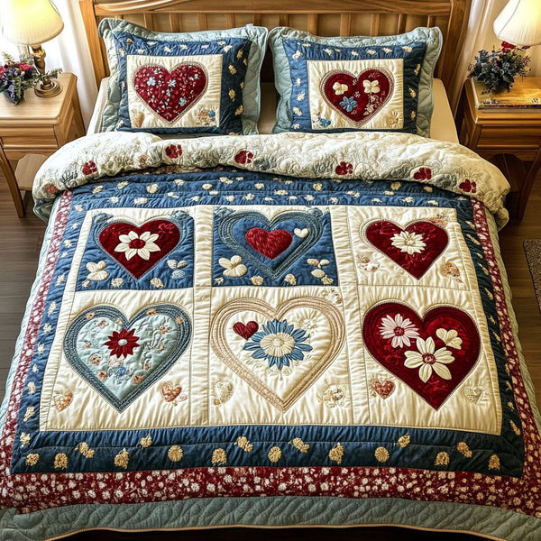 Rustic Romance quilted 3-piece bedding set on a made bed in a farmhouse bedroom