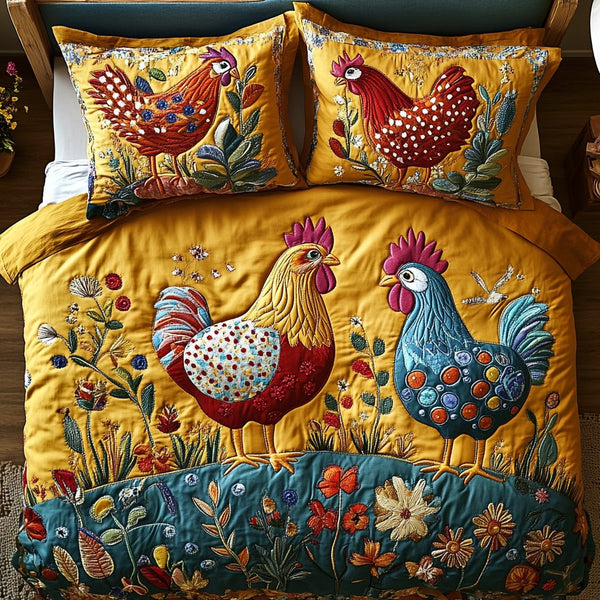 Rustic Roost quilted 3-piece bedding set on a made bed in a farmhouse bedroom