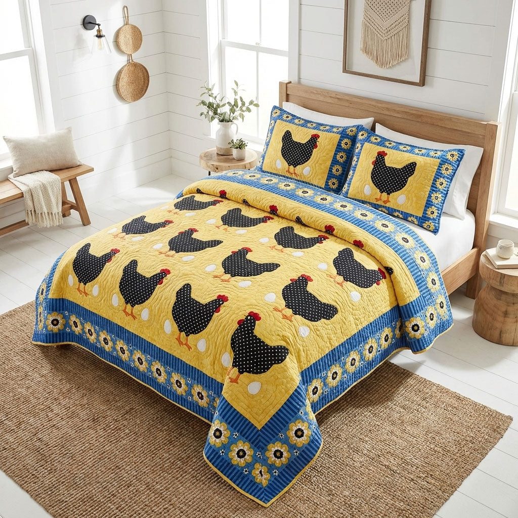 Rustic Rooster quilted 3-piece bedding set on a made bed in a farmhouse bedroom