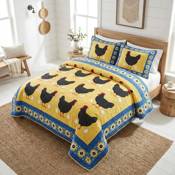 Rustic Rooster quilted 3-piece bedding set on a made bed in a farmhouse bedroom