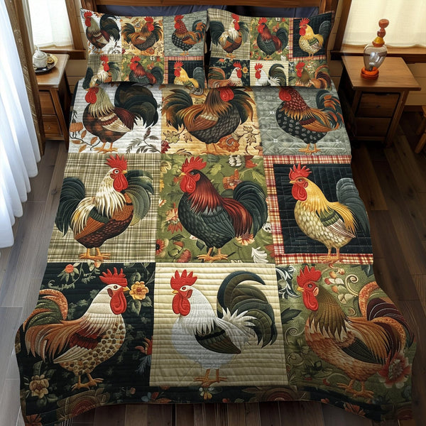 Rustic Rooster quilted 3-piece bedding set on a made bed in a farmhouse bedroom