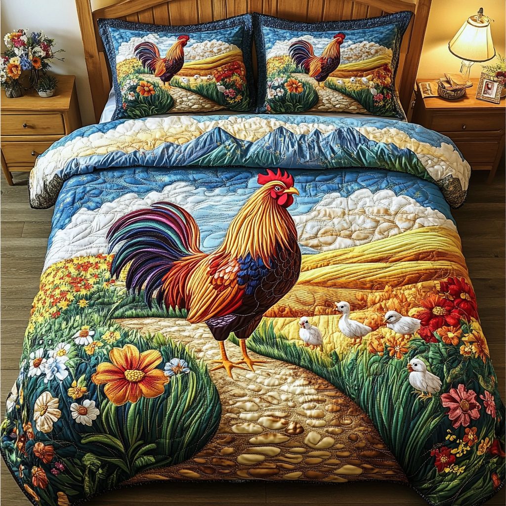 Rustic Rooster quilted 3-piece bedding set on a made bed in a farmhouse bedroom