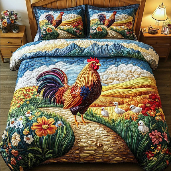 Rustic Rooster quilted 3-piece bedding set on a made bed in a farmhouse bedroom