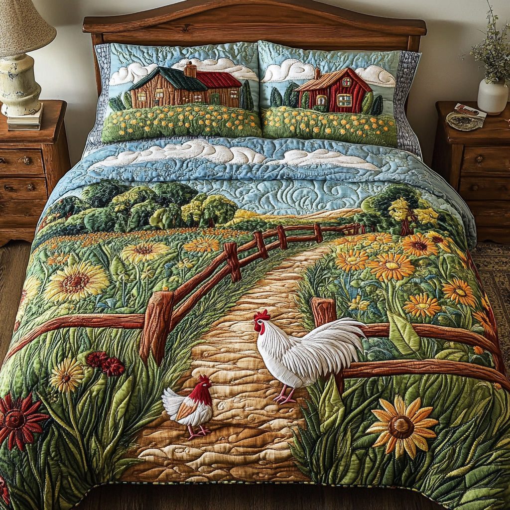 Rustic Rooster quilted 3-piece bedding set on a made bed in a farmhouse bedroom