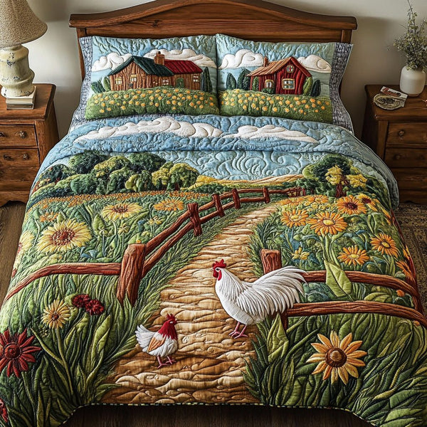 Rustic Rooster quilted 3-piece bedding set on a made bed in a farmhouse bedroom