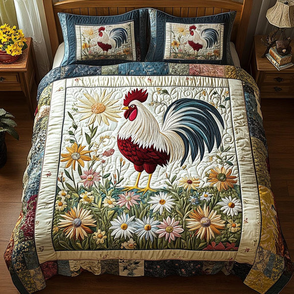 Rustic Rooster quilted 3-piece bedding set on a made bed in a farmhouse bedroom
