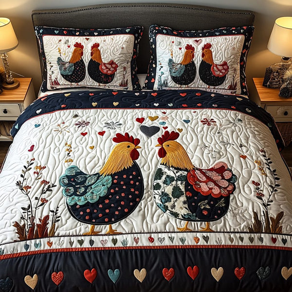 Rustic Roosters quilted 3-piece bedding set on a made bed in a farmhouse bedroom