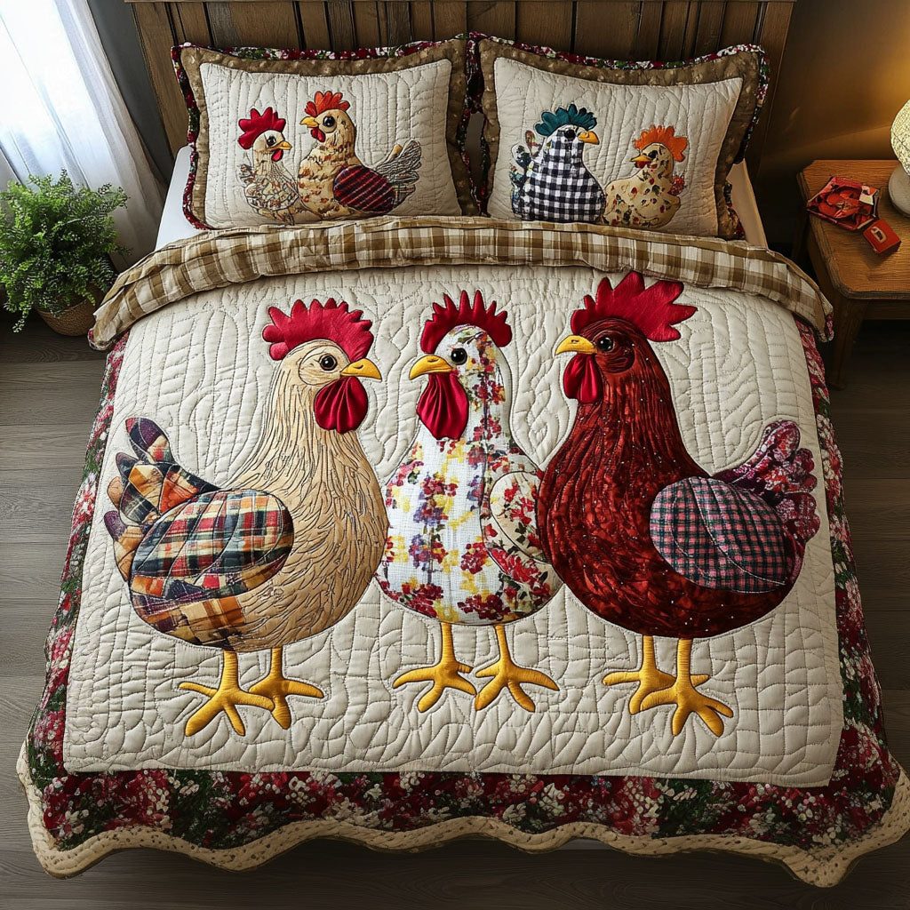 Rustic Roosters quilted 3-piece bedding set on a made bed in a farmhouse bedroom