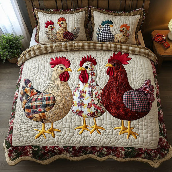Rustic Roosters quilted 3-piece bedding set on a made bed in a farmhouse bedroom