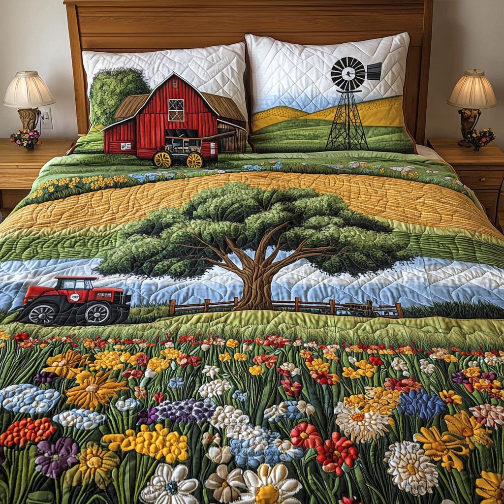 Rustic Roots quilted 3-piece bedding set on a made bed in a farmhouse bedroom