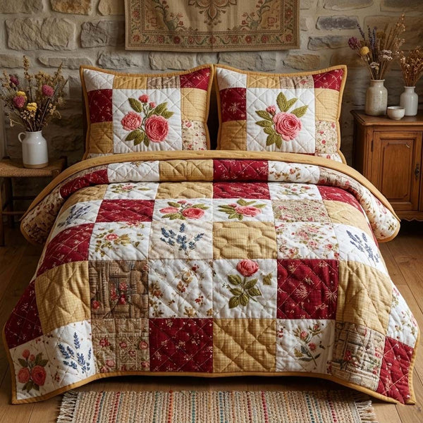 Rustic Roses quilted 3-piece bedding set on a made bed in a farmhouse bedroom