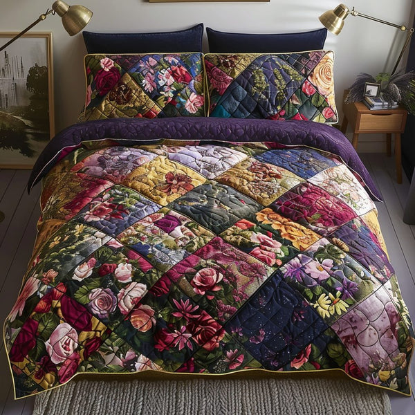 Rustic Roses quilted 3-piece bedding set on a made bed in a farmhouse bedroom