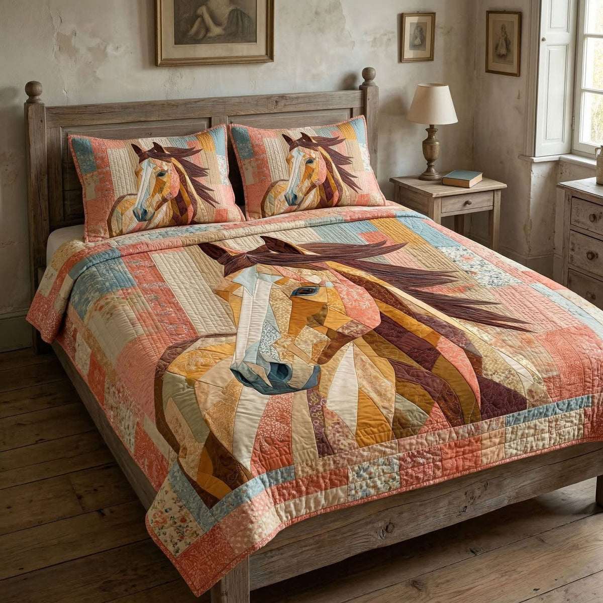 Rustic Runner quilted 3-piece bedding set on a made bed in a farmhouse bedroom