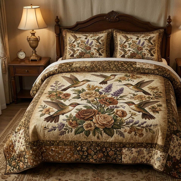 Rustic Sanctuary quilted 3-piece bedding set on a made bed in a farmhouse bedroom