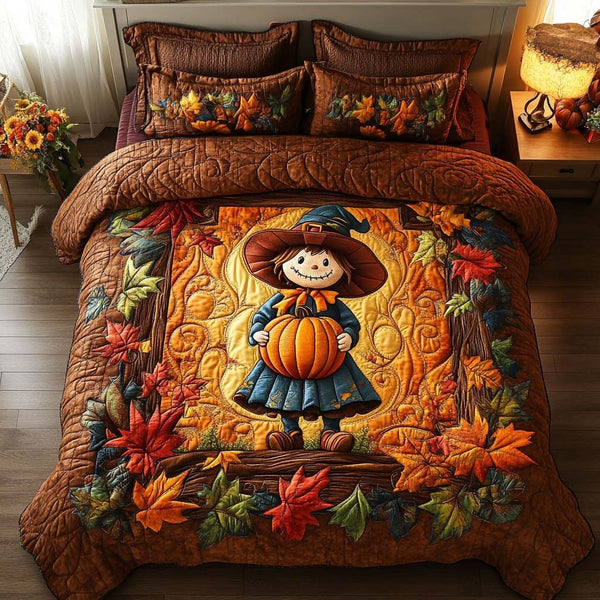 Rustic Scarecrow Blessing quilted 3-piece bedding set on a made bed in a farmhouse bedroom