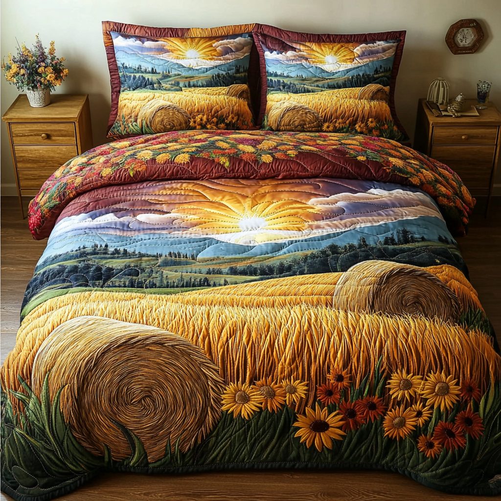 Rustic Serenity quilted 3-piece bedding set on a made bed in a farmhouse bedroom