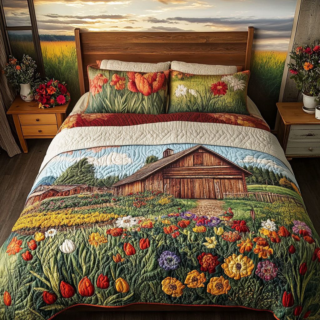 Rustic Serenity quilted 3-piece bedding set on a made bed in a farmhouse bedroom