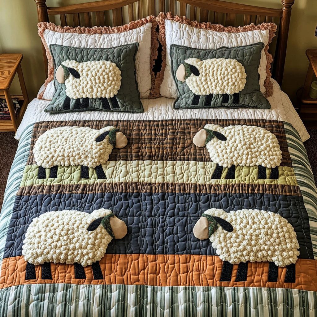 Rustic Sheep Rows quilted 3-piece bedding set on a made bed in a farmhouse bedroom