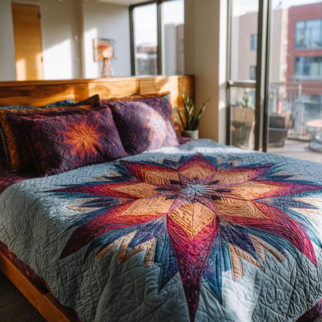 Rustic Sky quilted 3-piece bedding set on a made bed in a farmhouse bedroom