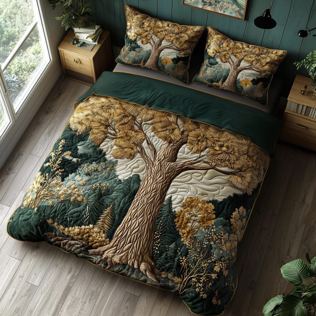Rustic Solace quilted 3-piece bedding set on a made bed in a farmhouse bedroom
