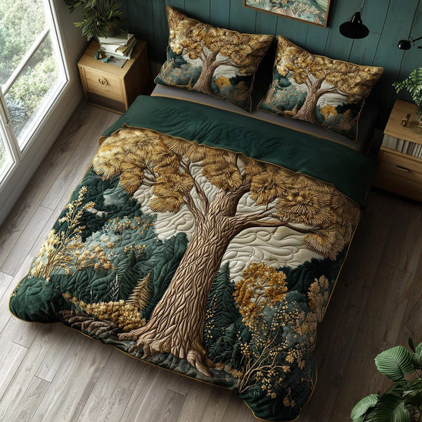 Rustic Solace quilted 3-piece bedding set on a made bed in a farmhouse bedroom