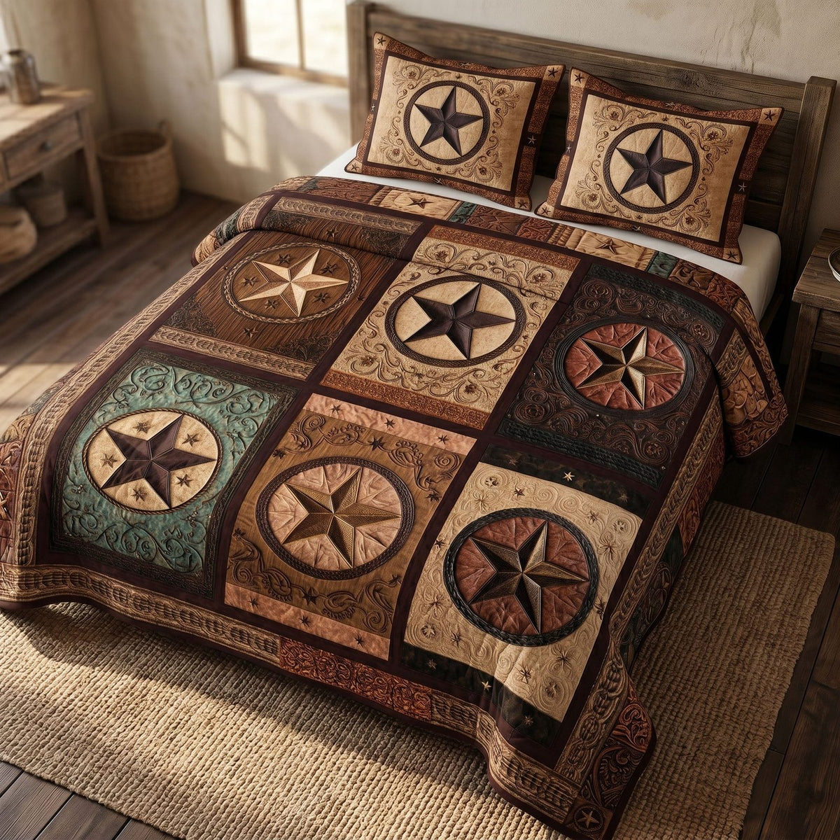 Rustic Southern quilted 3-piece bedding set on a made bed in a farmhouse bedroom