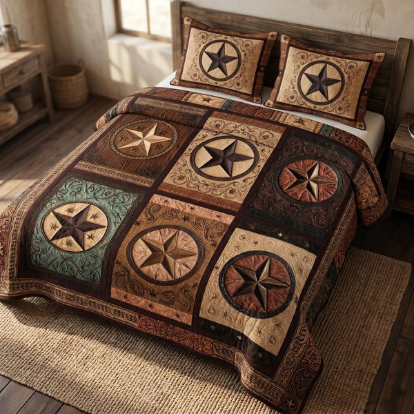 Rustic Southern quilted 3-piece bedding set on a made bed in a farmhouse bedroom