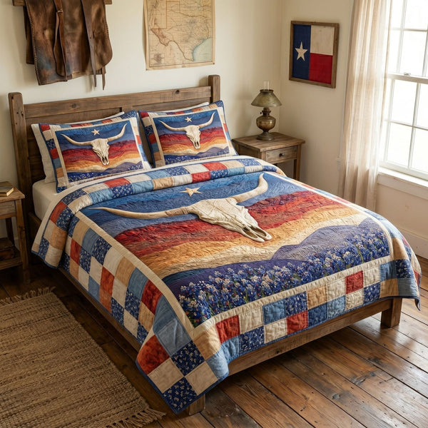 Rustic Southern quilted 3-piece bedding set on a made bed in a farmhouse bedroom