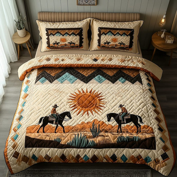 Rustic Spirit quilted 3-piece bedding set on a made bed in a farmhouse bedroom