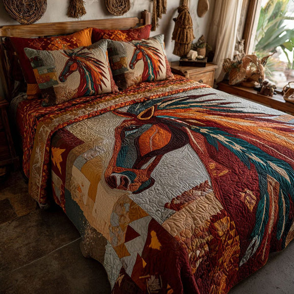 Rustic Stallion quilted 3-piece bedding set on a made bed in a rustic timber bedroom