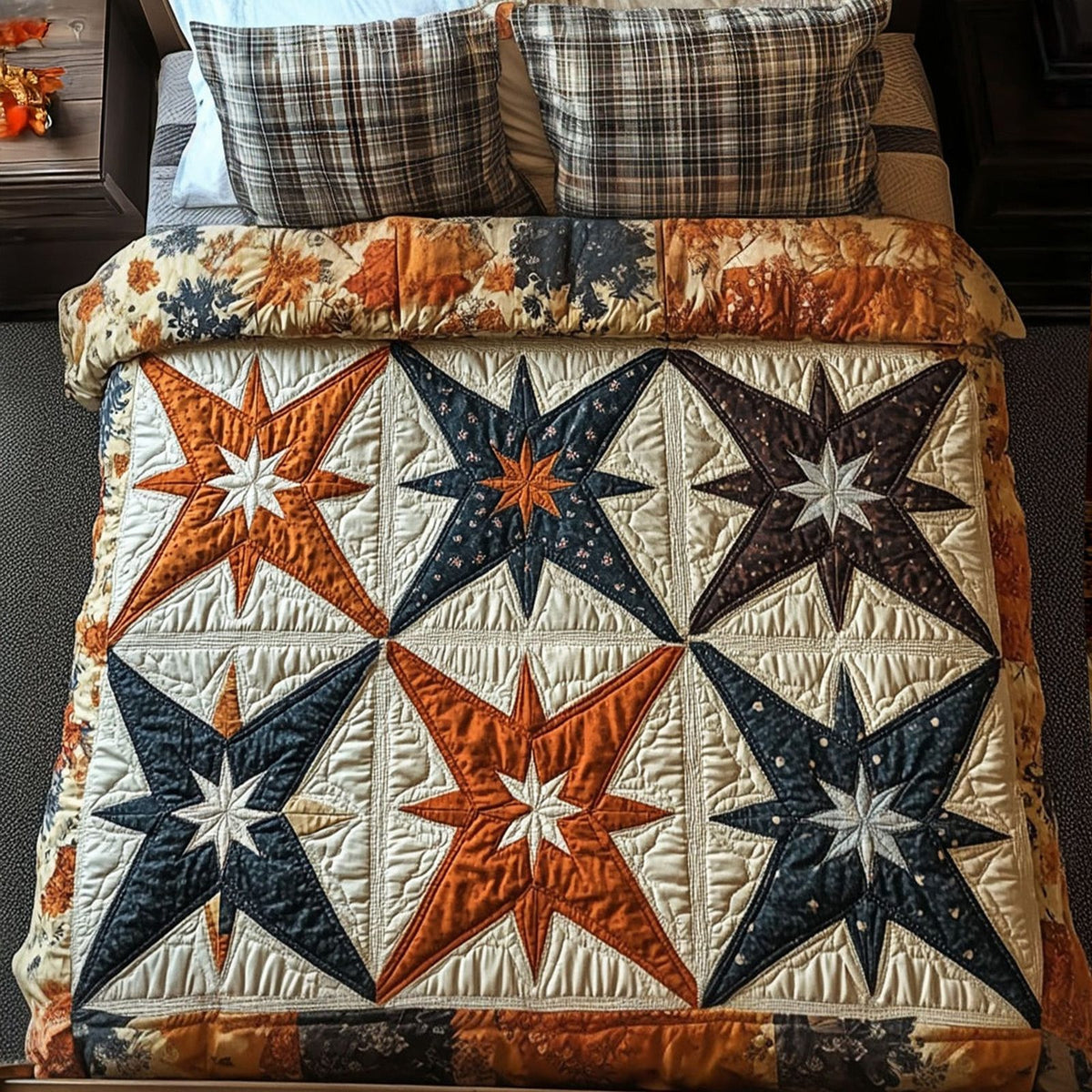 Rustic Star quilted 3-piece bedding set on a made bed in a farmhouse bedroom