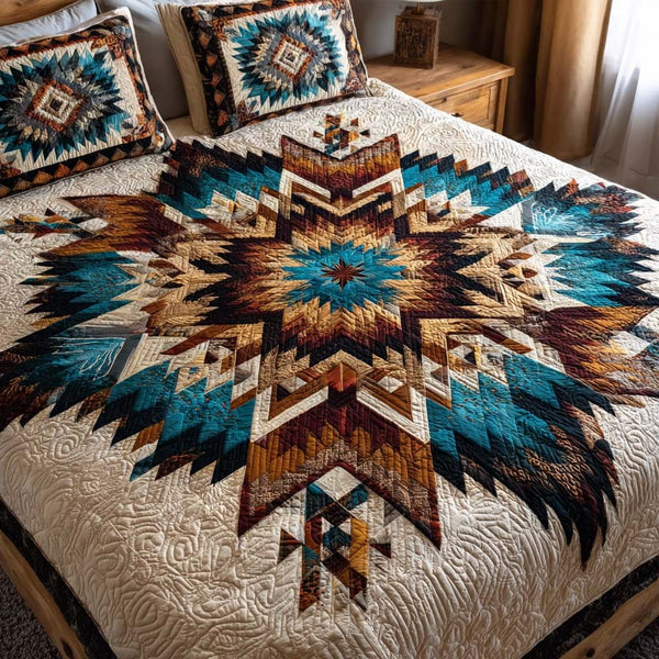 Rustic Starline quilted 3-piece bedding set on a made bed in a farmhouse bedroom