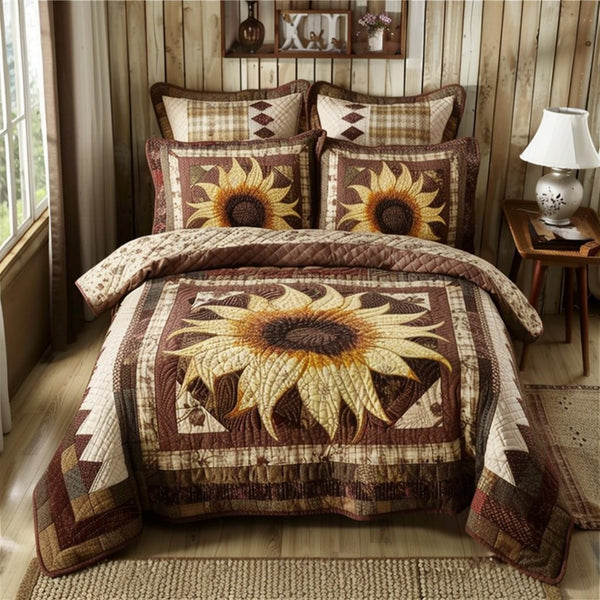 Rustic Sun quilted 3-piece bedding set on a made bed in a farmhouse bedroom