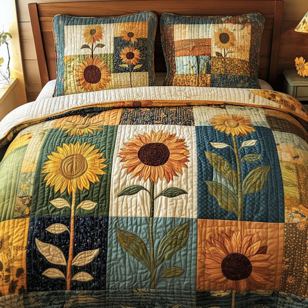 Rustic Sun quilted 3-piece bedding set on a made bed in a farmhouse bedroom