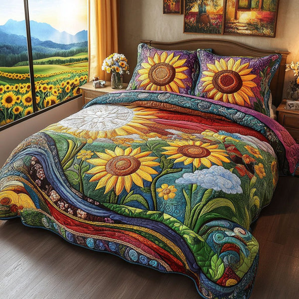 Rustic Sunburst quilted 3-piece bedding set on a made bed in a farmhouse bedroom