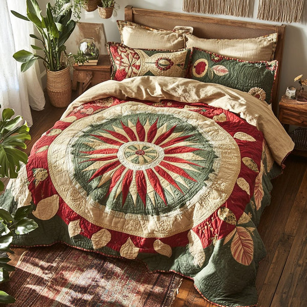Rustic Sunburst quilted 3-piece bedding set on a made bed in a farmhouse bedroom